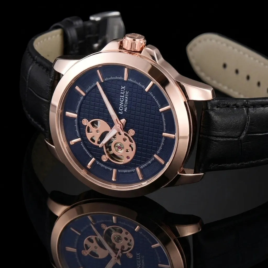 Relógio masculino de Pulso automático esqueleto mecânico azul LONGLUX 44mm