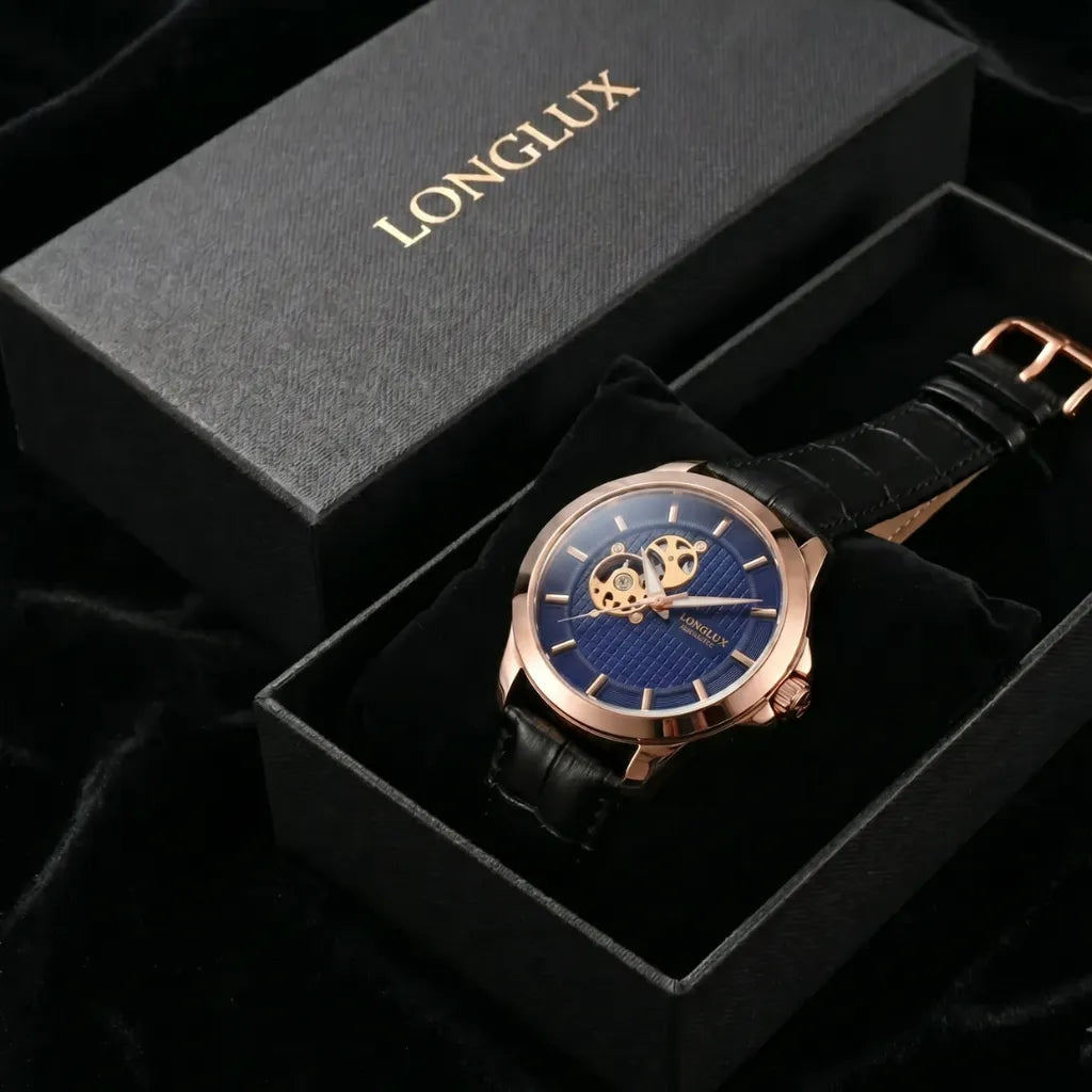 Relógio masculino de Pulso automático esqueleto mecânico azul LONGLUX 44mm com pulseira de couro