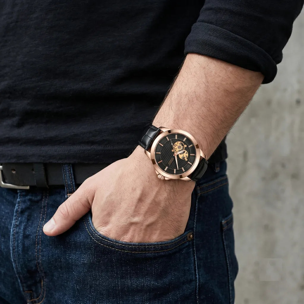 Relógio Masculino de Pulso Skeleton Preto com Pulseira de Couro Mostrador Preto