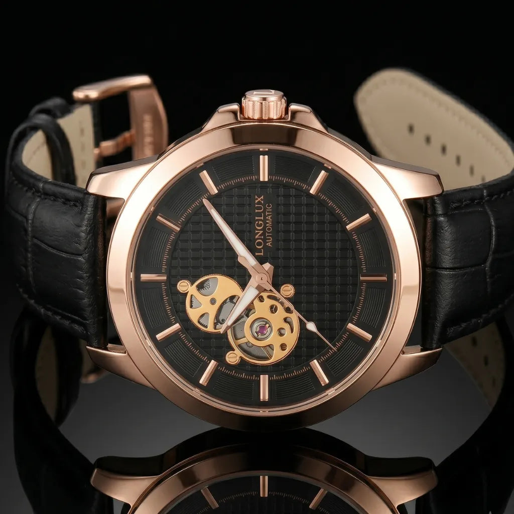 Relógio Masculino Skeleton Preto com Pulseira de Couro Mostrador Preto