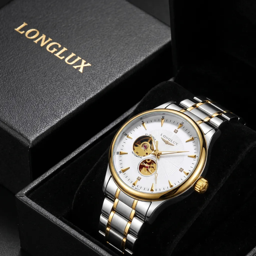 Relógio skeleton dourado premium LONGLUX Arkos Gold 40mm para presente