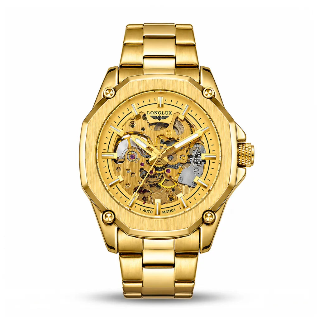Relógio automático skeleton dourado 41mm LONGLUX vista frontal
