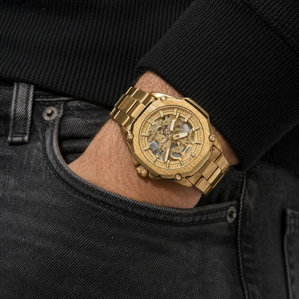 Engrenagens à vista relógio skeleton dourado LONGLUX movimento automático