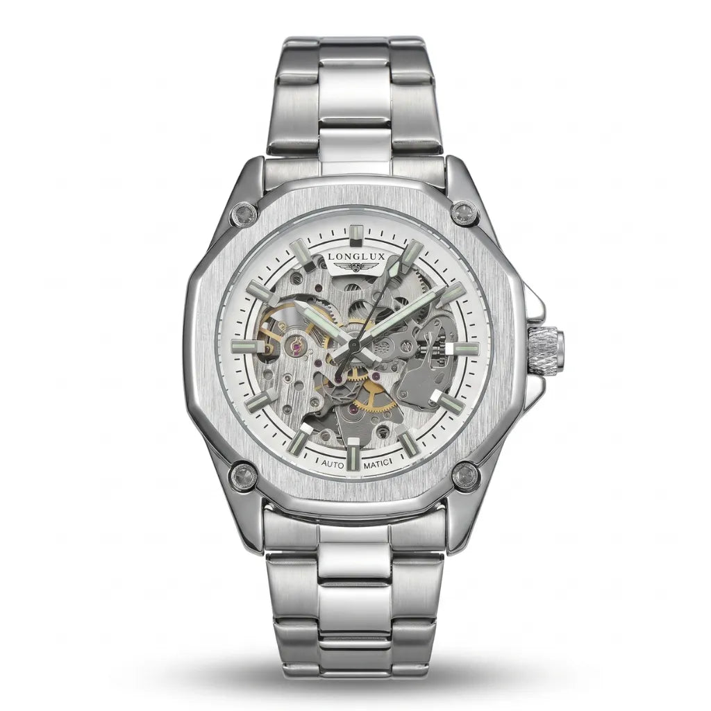 Relógio automático skeleton prata masculino LONGLUX 41mm frontal