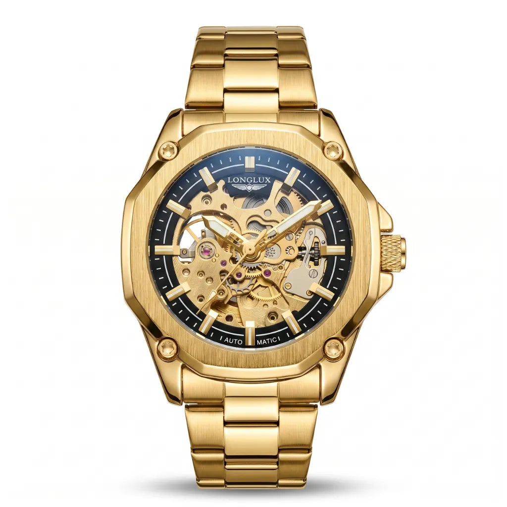 Relógio skeleton bicolor dourado e preto LONGLUX 41mm frontal