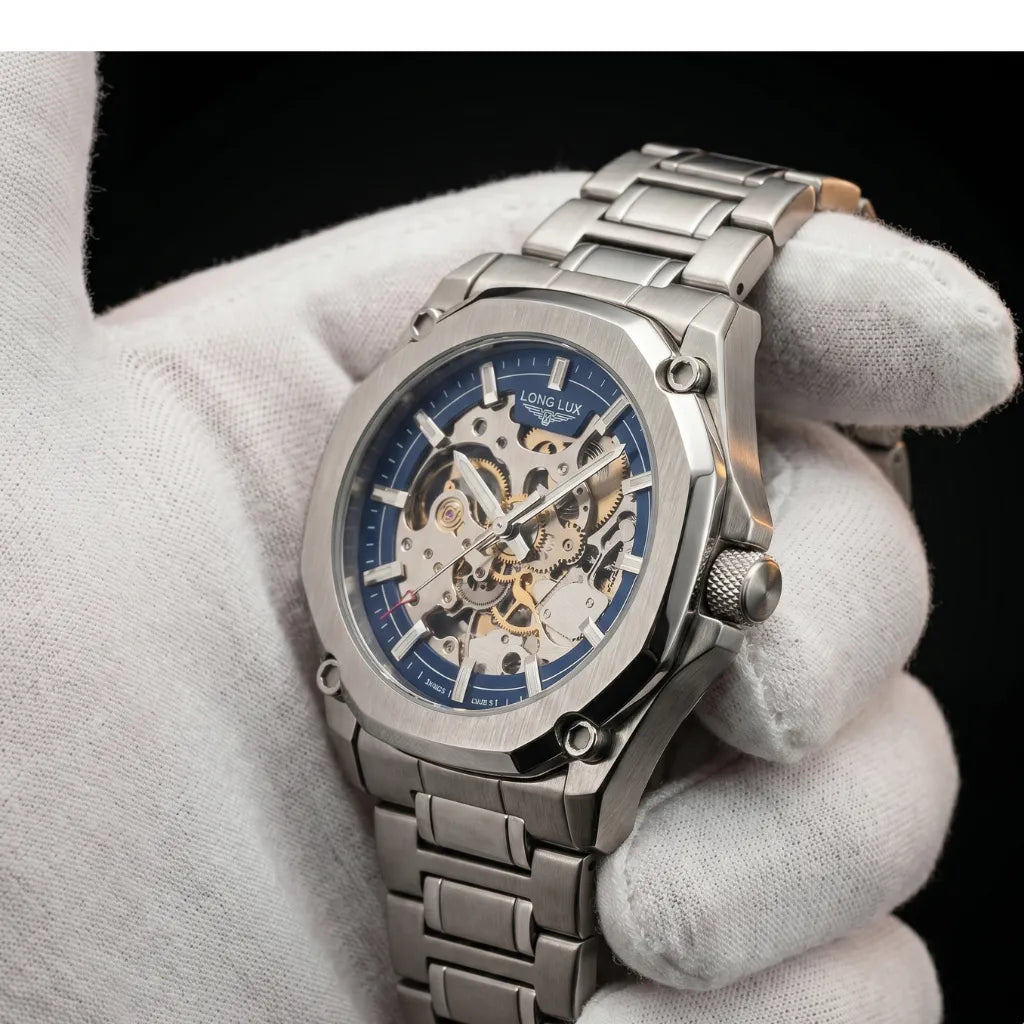 Relógio skeleton azul automático LONGLUX acabamento sofisticado