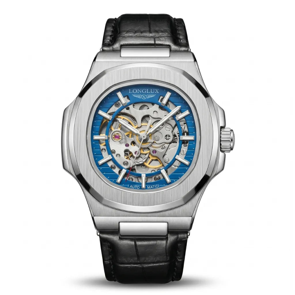 Relógio automático couro azul masculino LONGLUX Vanguard 42mm frontal