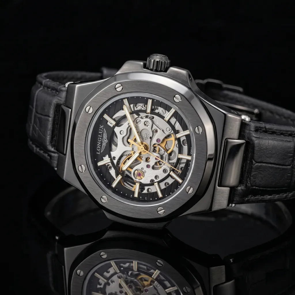 Vista lateral couro preto relógio LONGLUX Vanguard Black