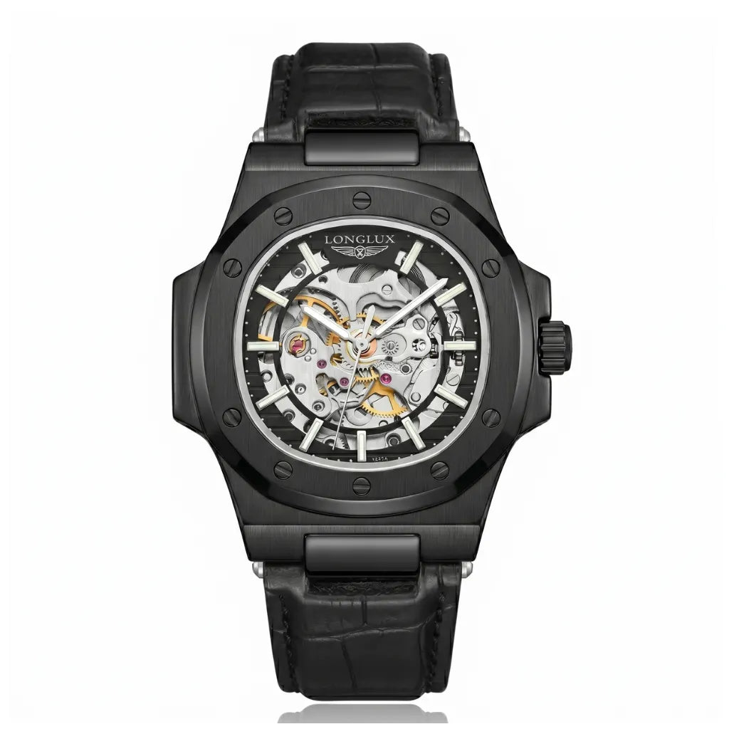 Relógio automático couro preto masculino LONGLUX Vanguard Black 42mm