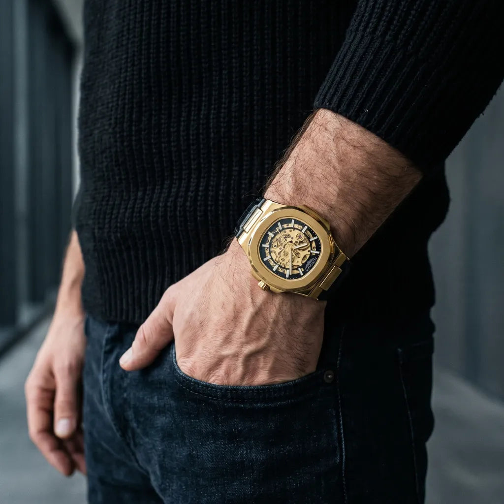 Couro legítimo pulseira relógio automático LONGLUX Vanguard clássico