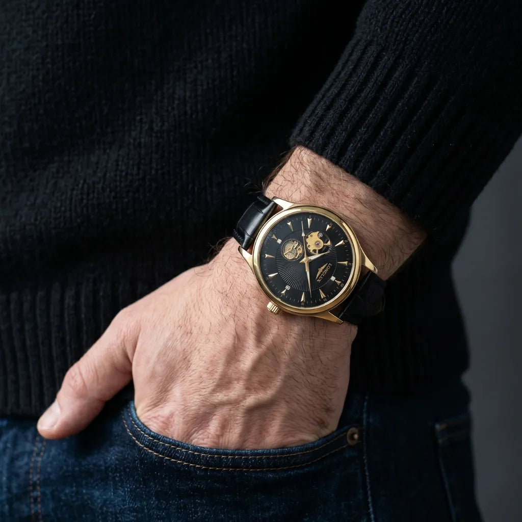 Mecanismo visível relógio skeleton preto LONGLUX Dornell Black