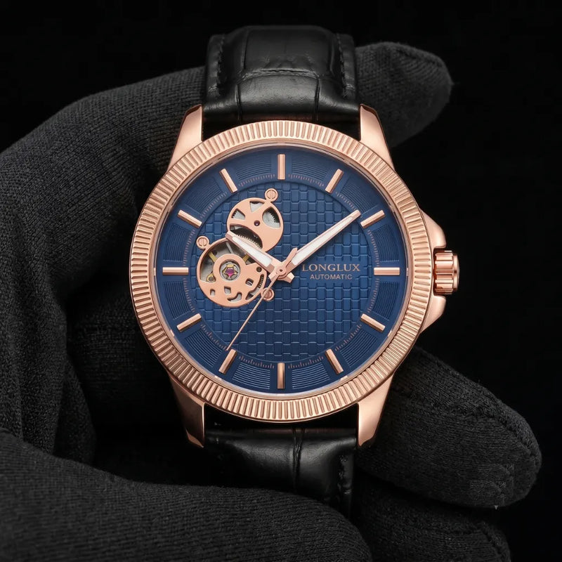 Relógio masculino automático esqueleto mecânico azul LONGLUX 44mm com pulseira de couro