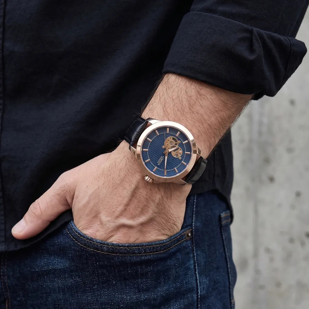 Relógio masculino de Pulso automático esqueleto mecânico azul LONGLUX 44mm com pulseira de couro