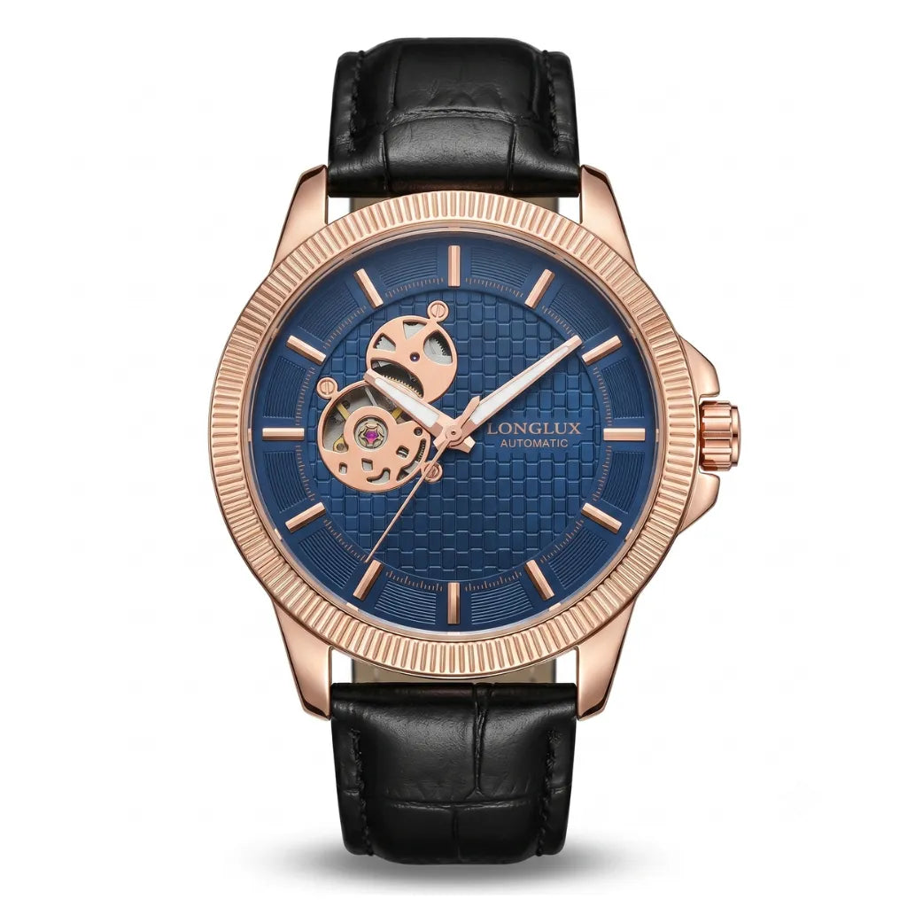 Relógio masculino automático esqueleto mecânico azul LONGLUX 44mm com pulseira de couro