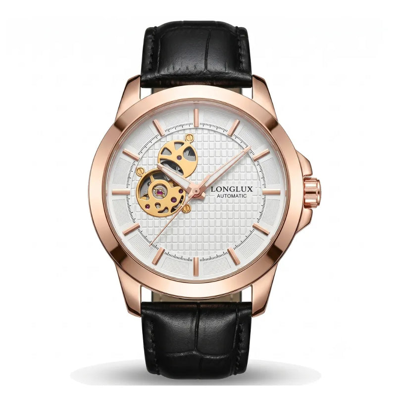 Relógio masculino automático esqueleto mecânico branco LONGLUX 44mm com pulseira de couro