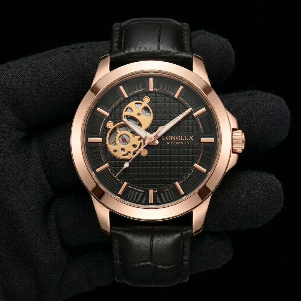 Relógio Masculino de Pulso Skeleton Preto com Pulseira de Couro Mostrador Preto 44mm