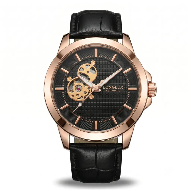 Relógio masculino automático esqueleto mecânico preto LONGLUX 44mm com pulseira de couro