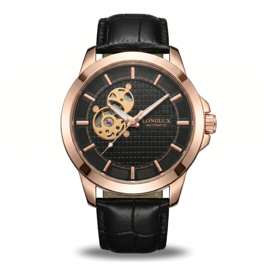 Relógio Skeleton Preto com Pulseira de Couro