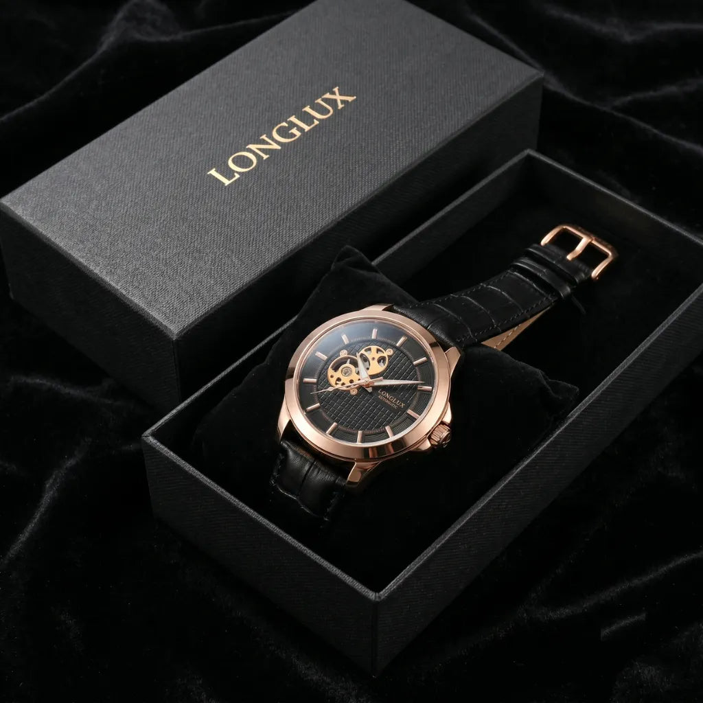 Relógio Masculino de Pulso Skeleton Preto com Pulseira de Couro Mostrador Preto com Dourado