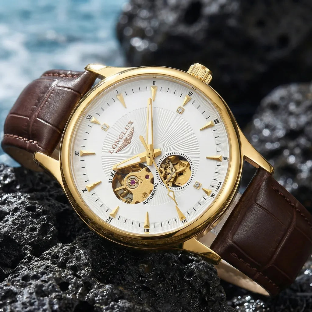 Relógio skeleton Dornell LONGLUX vista com pulseira