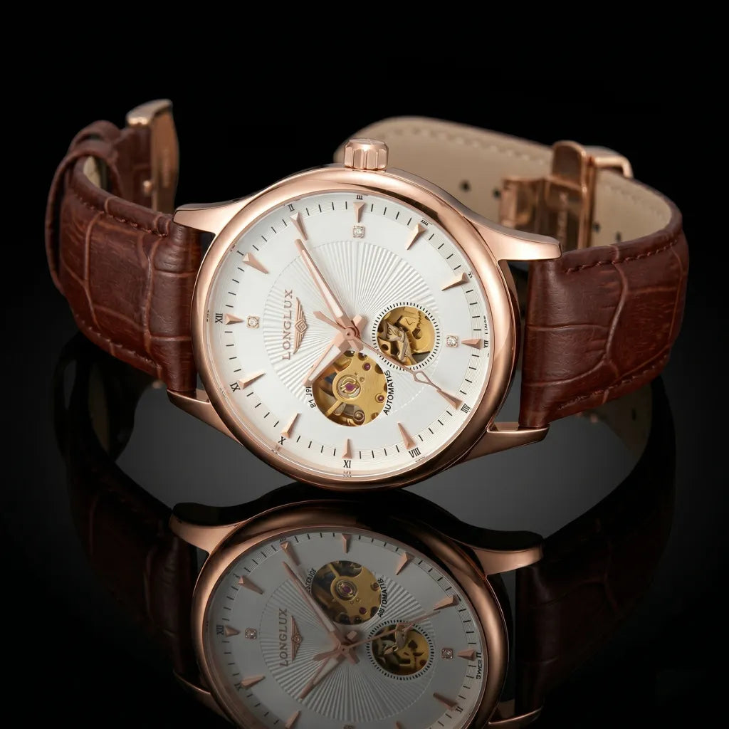 Pulseira dourada relógio skeleton LONGLUX Dornell Gold lateral