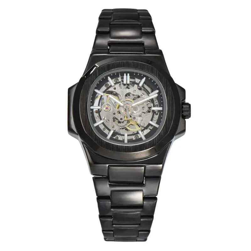 LongLux Patton Black — relógio preto masculino com mostrador skeleton e movimento automático