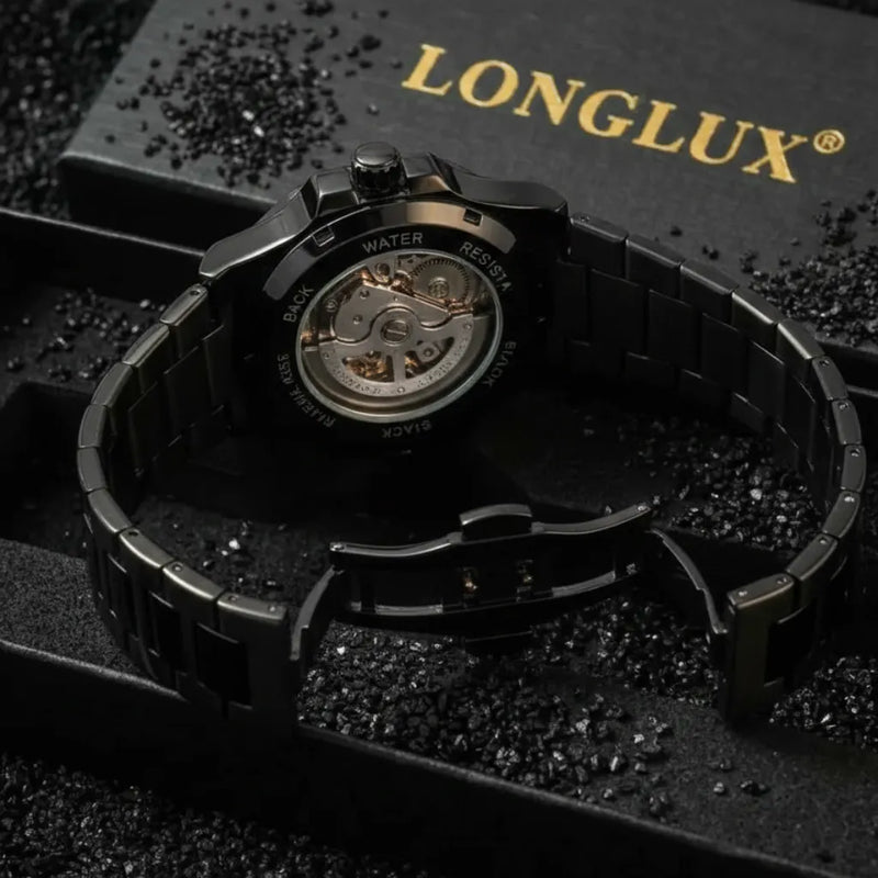 Relógio LongLux Patton Black resistente à água com pulseira de aço inoxidável