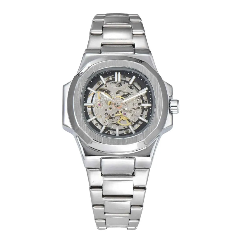 Relógio de pulso LongLux Patton Black Silvery — modelo prata com mostrador skeleton