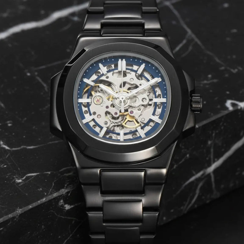 LongLux Patton Bule Black no pulso — relógio de pulso masculino automático com caixa irregular e pulseira em aço