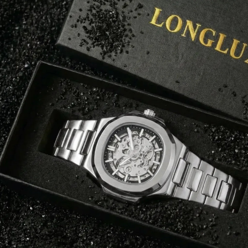 Relógio de pulso LongLux Patton Black Silvery resistente à água e com pulseira de aço