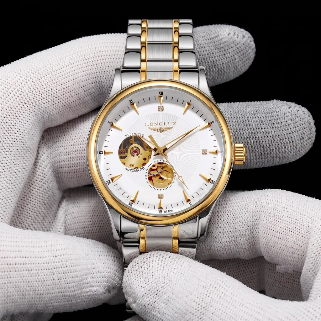 Relógio skeleton mostrador branco e dourado premium LONGLUX Arkos Gold 40mm