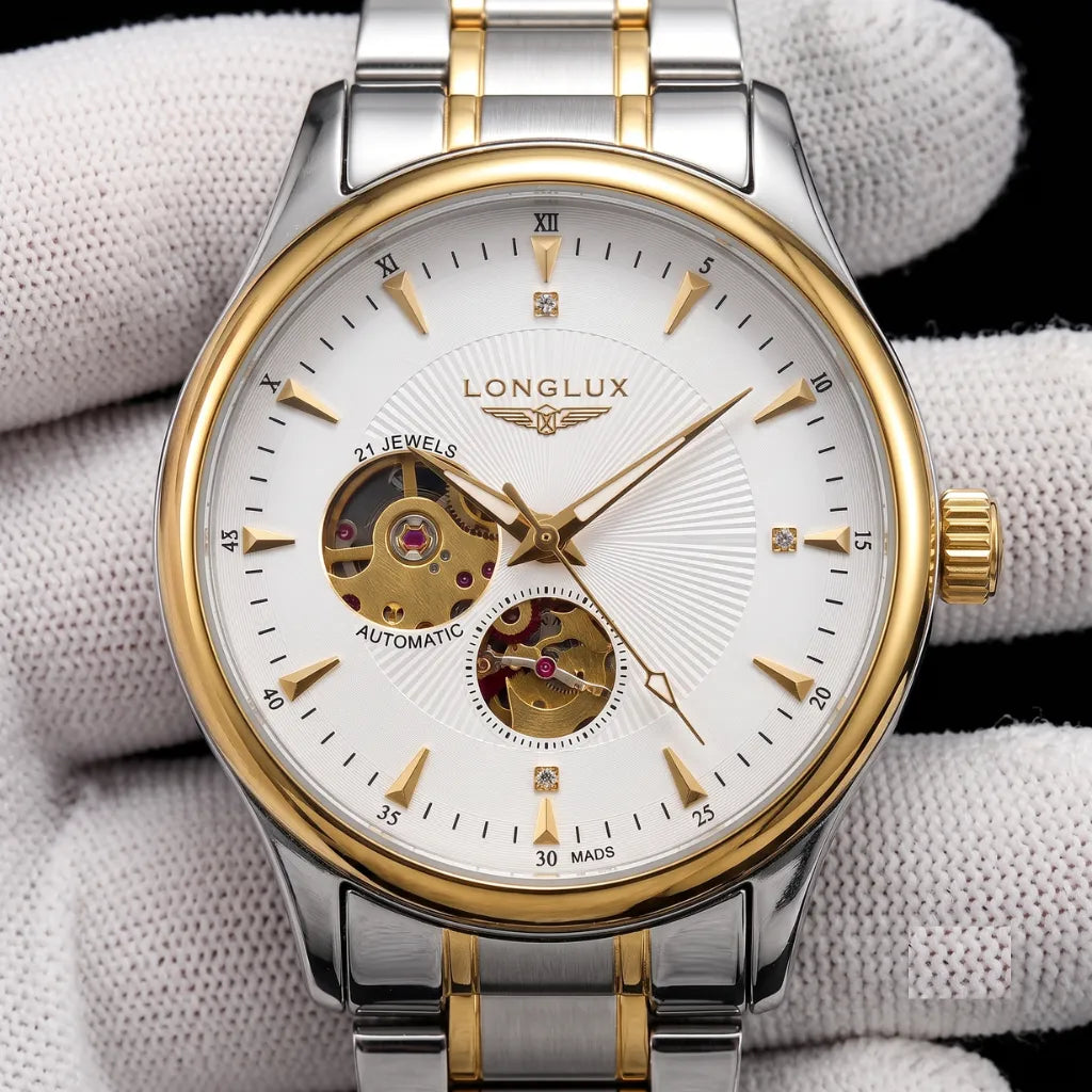 Relógio skeleton dourado premium LONGLUX Arkos Gold 40mm