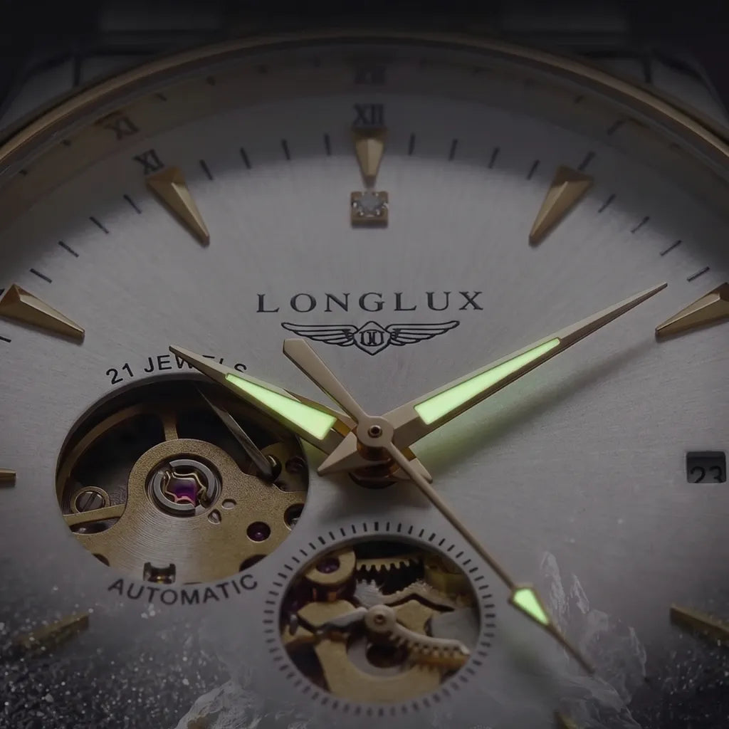 Relógio skeleton dourado  ponteiros luminosos premium LONGLUX Arkos Gold 40mm