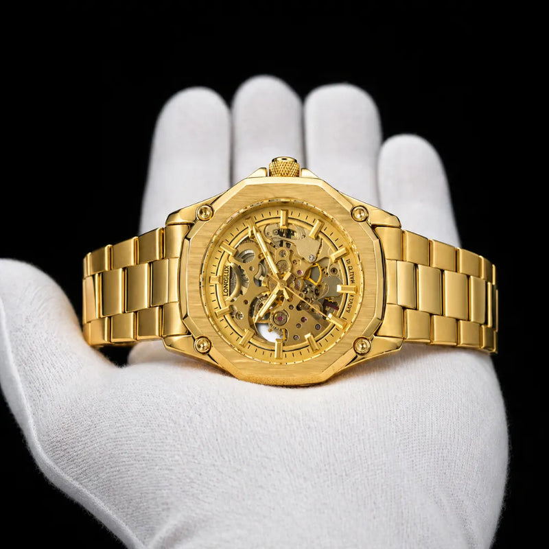 Relógio dourado masculino LongLux Skeleton totalmente em ouro com mostrador translúcido
