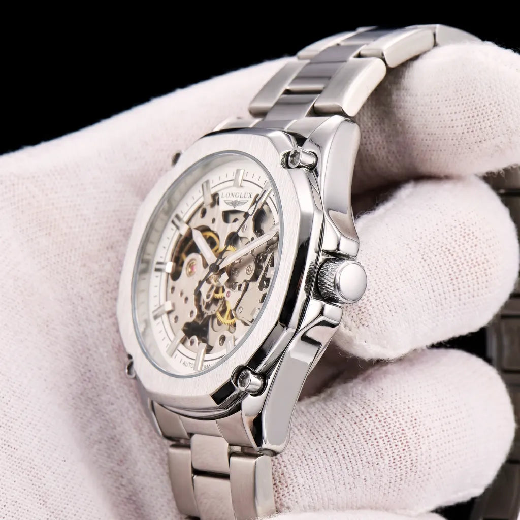 Caixa aço escovado relógio skeleton prata LONGLUX lateral