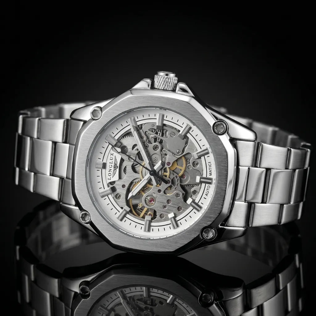 Relógio skeleton automático prata LONGLUX acabamento clássico