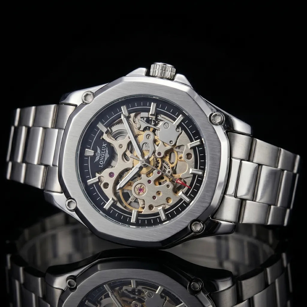 Relógio skeleton automático preto LONGLUX acabamento dark