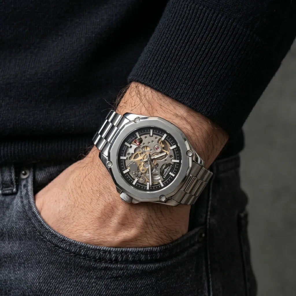 Movimento automático 21 joias skeleton preto LONGLUX mecanismo visível