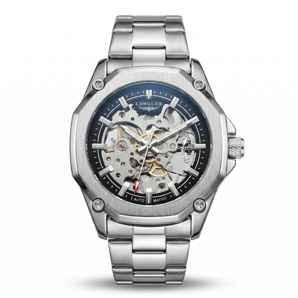 Relógio automático skeleton preto 41mm LONGLUX vista frontal