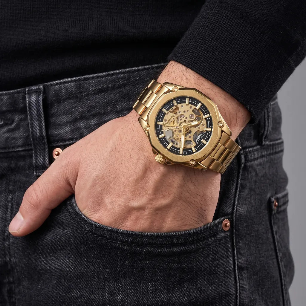 Design exclusivo bicolor relógio automático skeleton LONGLUX dourado preto