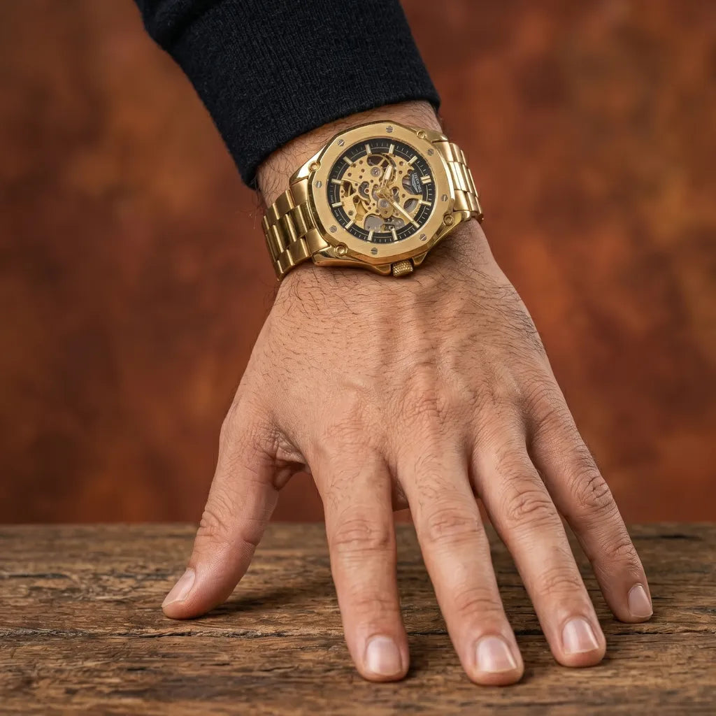 Mostrador skeleton dourado preto LONGLUX mecanismo visível detalhe