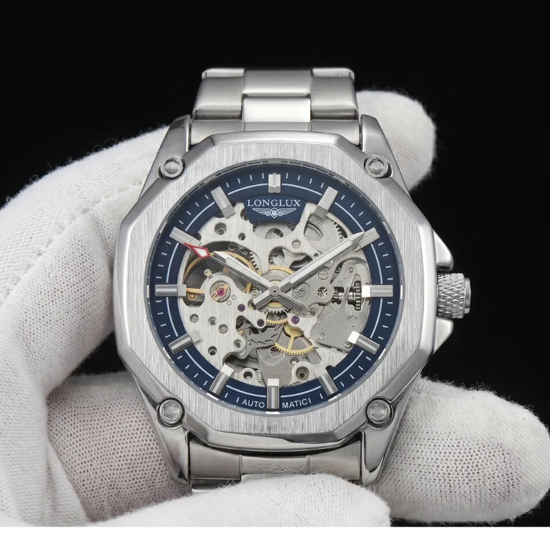 Caixa irregular em aço inoxidável do relógio LongLux Skeleton Blue