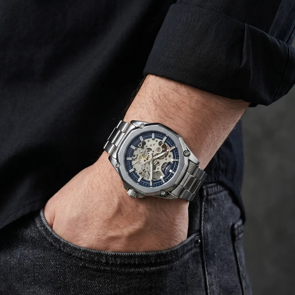 Mostrador azul engrenagens visíveis relógio skeleton LONGLUX automático