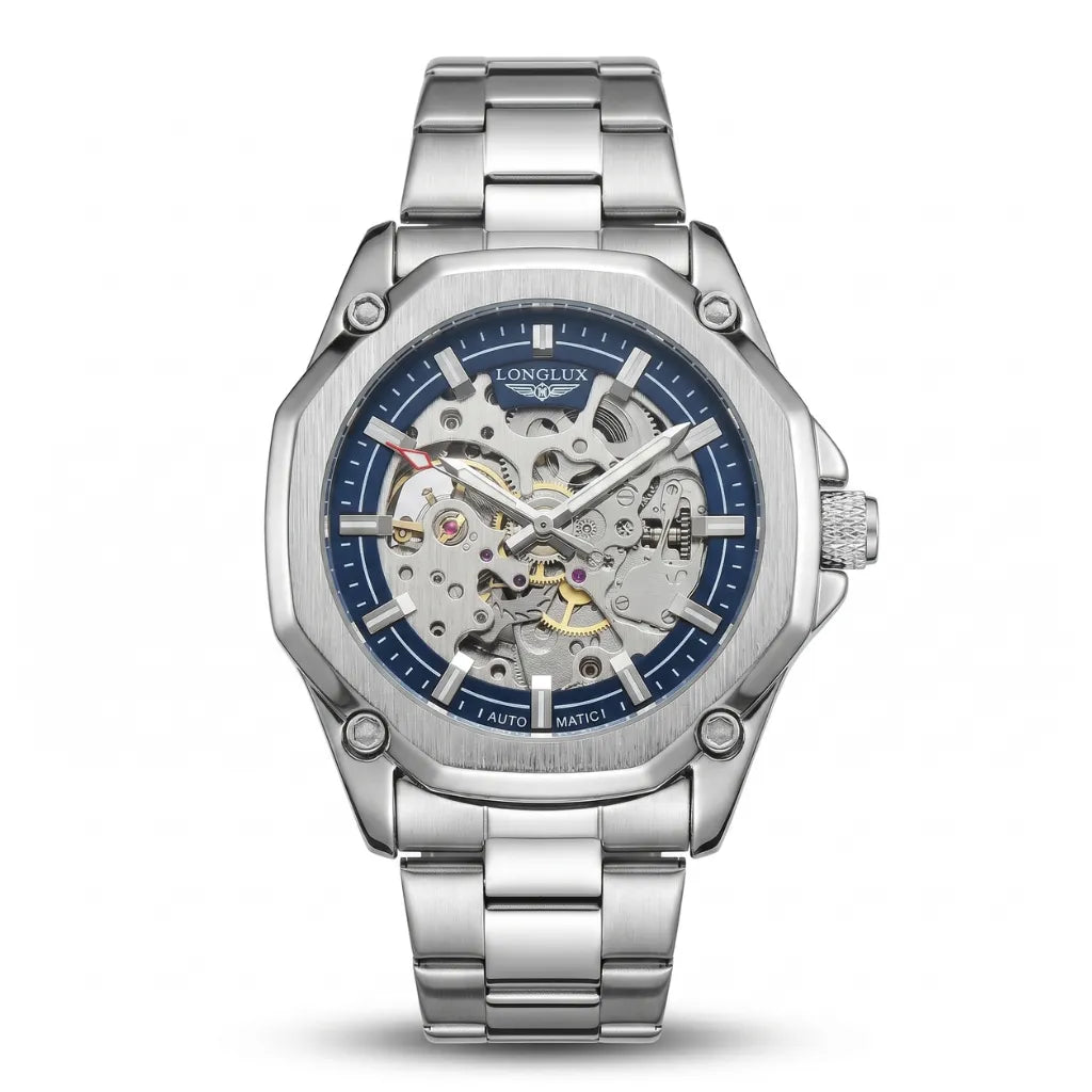 Relógio automático skeleton azul 41mm LONGLUX vista frontal