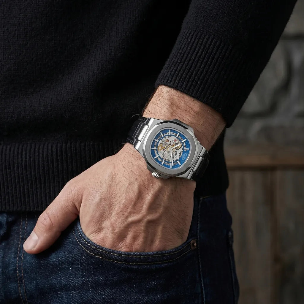 Pulseira couro azul exclusivo relógio automático LONGLUX Vanguard