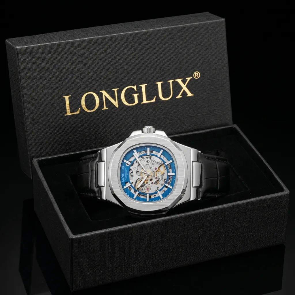 Relógio automático couro LONGLUX — detalhe 9