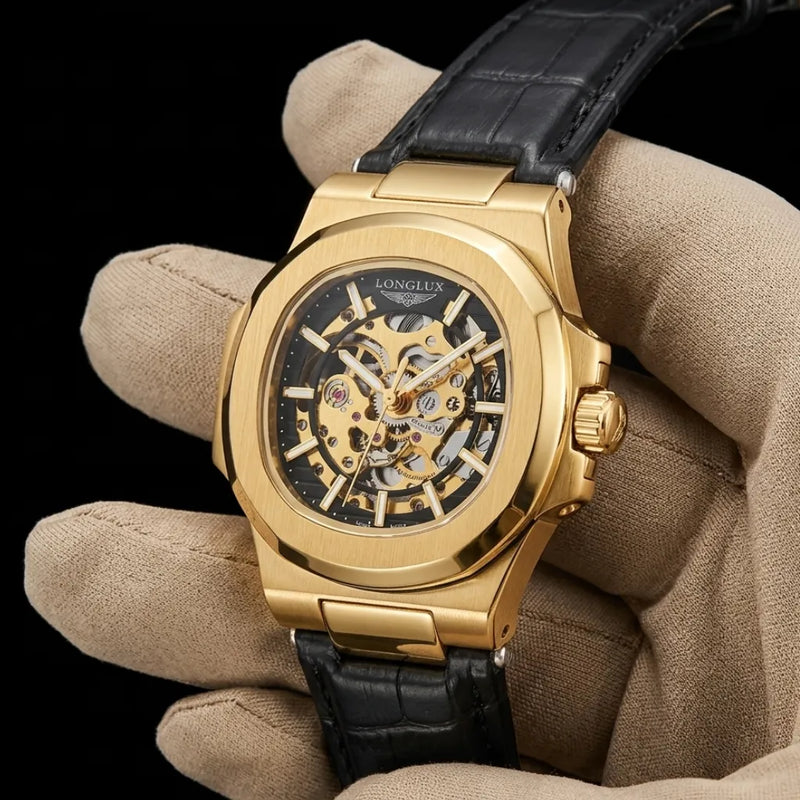 Relógio esqueleto com pulseira de couro preto Long Lux Vanguard com fecho por fivela e ponteiros luminosos
