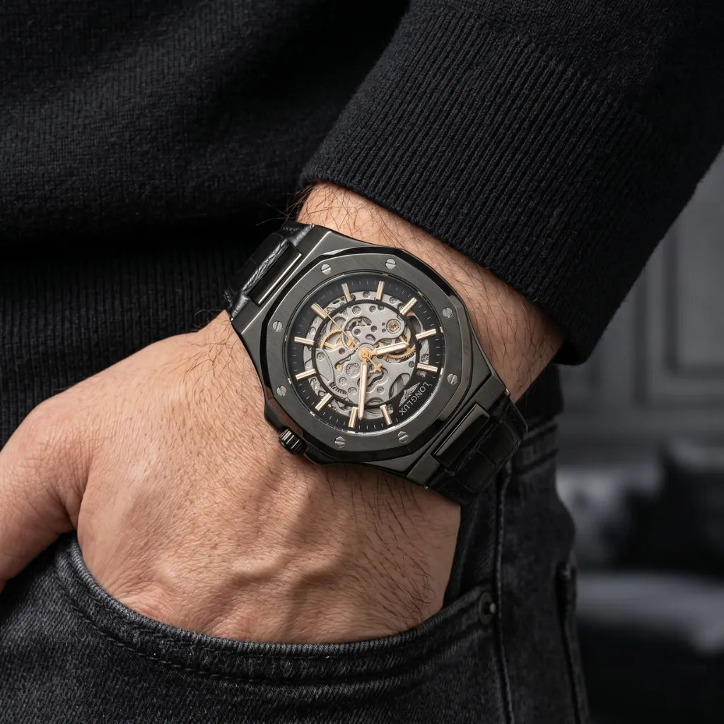 Pulseira couro preto relógio automático LONGLUX Vanguard Black