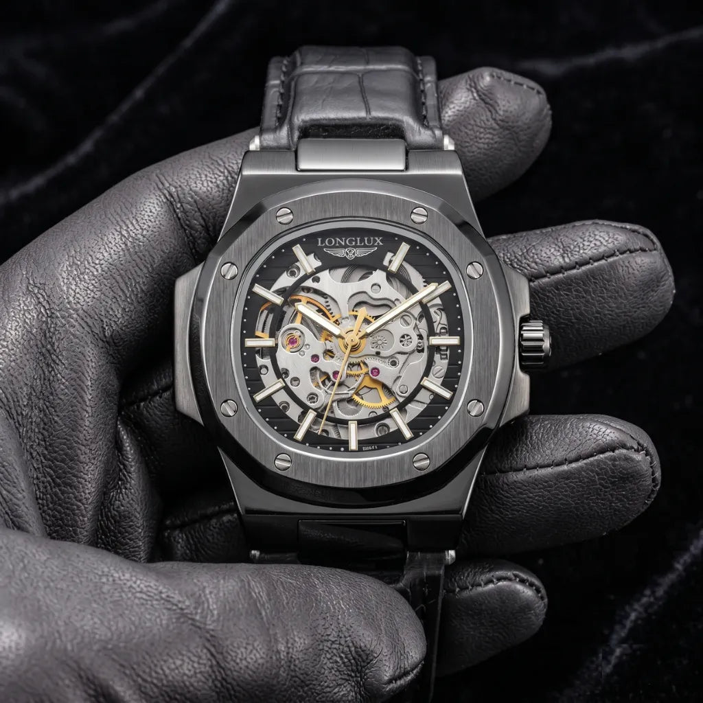Relógio Vanguard Black LONGLUX couro dark sofisticado