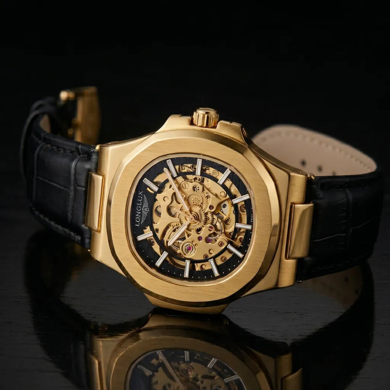 Movimento automático visível do relógio masculino Long Lux Vanguard com couro preto sem bateria